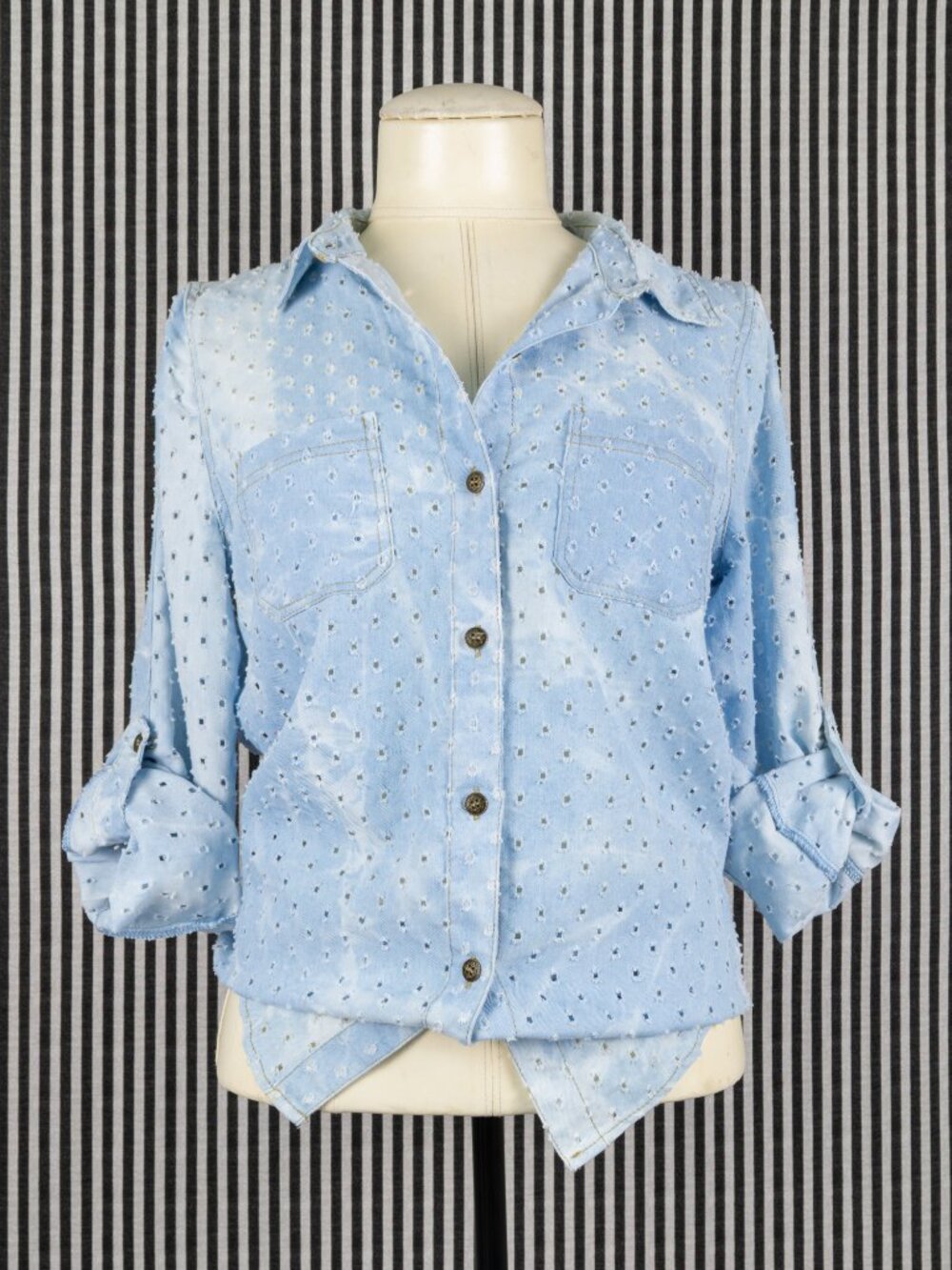 PPLA light sky blue eyelet cotton blend hand dye button up long shirt tunic